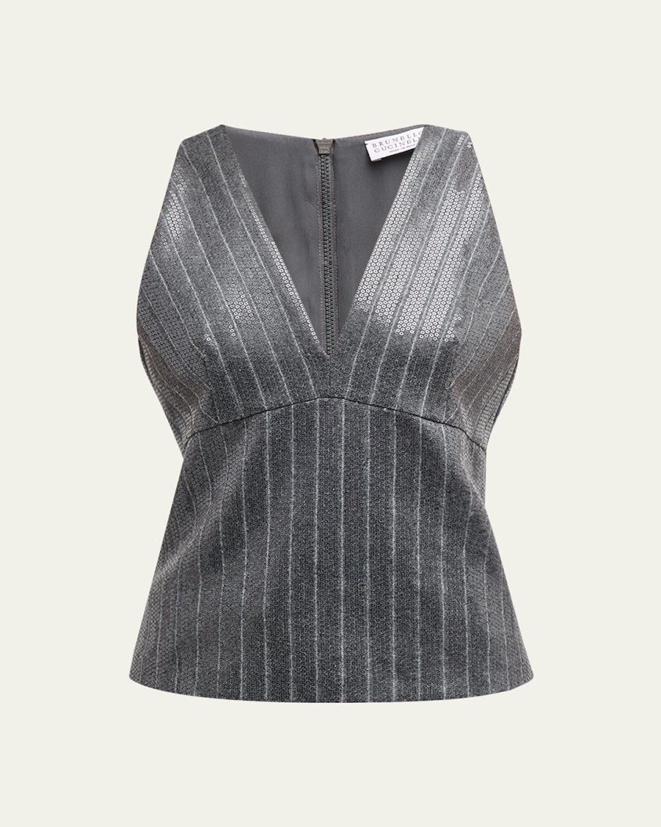 Pinstripe Sequin Embroidered Flannel Sleeveless Top